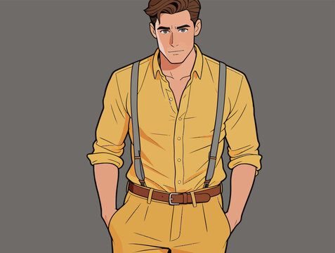 Young man dressed in yellow shirt and trousers stands with hands in pockets against a gray background