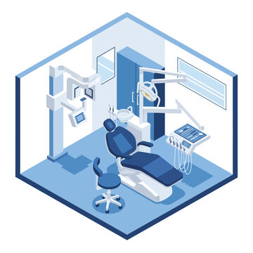 Isometric dental clinic with advanced equipment, highlighting modern oral healthcare solutions