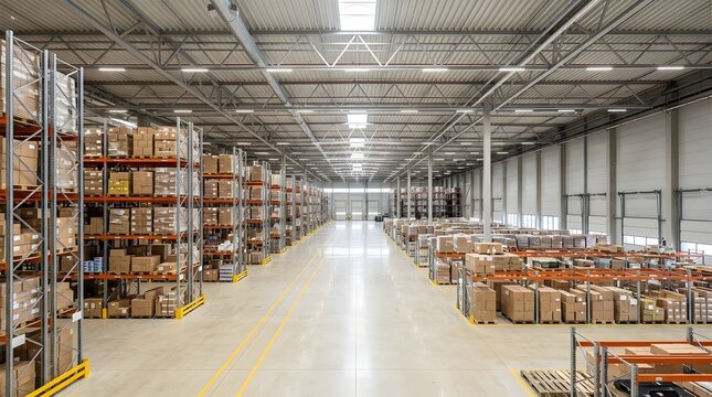 Large modern warehouse interior with high pallet racking and organized cardboard boxes on shelves.