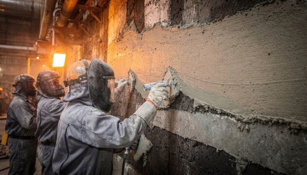 Focused medium view of workers applying monolithic refractory mix to repair furnace walls emphasizing smooth seamless heatresistant layers.