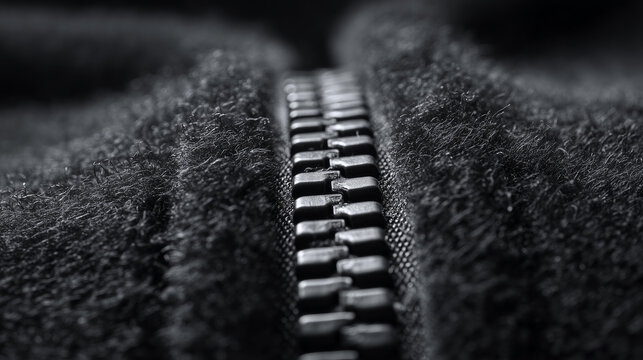 Close-up of zipper on soft fleece fabric, highlighting clothing detail, texture, and functional design in a minimal fashion concept.
