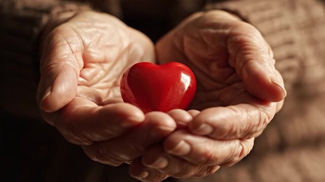 Elderly hands gently cradle a small, shiny red heart, symbolizing love, care and compassion in a tender gesture of affection