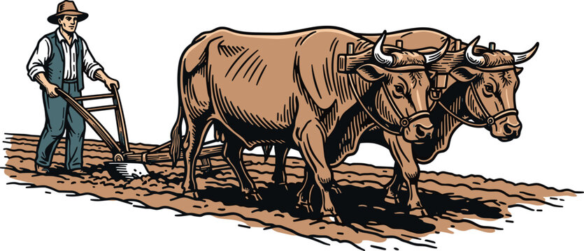 A farmer plows his field with two oxen in a rural landscape
