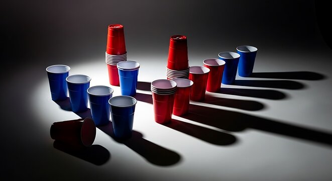 Red and blue plastic cups arranged on a surface with dramatic lighting and long shadows in a dark room. bierpong