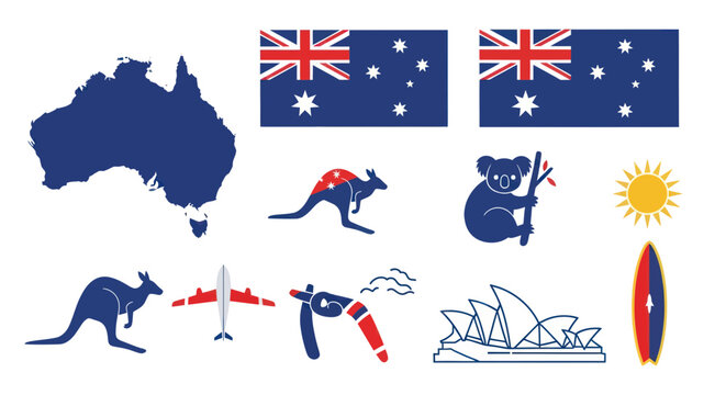 Australia Icons: Map, Flags, Kangaroo, Koala, Opera House, Surfboard