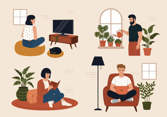 Fototapeta premium Flat vector illustration of people relaxing at home. Man watering plants, woman reading a book, and girl sitting on a bean bag. Cozy indoor lifestyle with houseplants and a sleeping cat.