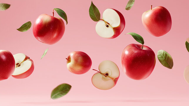 Floating red apples and sliced halves on a soft pink background, creating a fresh, vibrant, and minimal food concept with a playful and modern aesthetic.