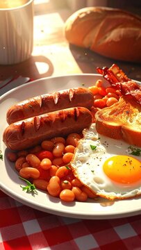 Hearty English Breakfast with Sausages, Fried Egg, Baked Beans, Bacon, and Toast on a Sunny Morning Table.