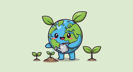 Obraz premium Cute chibi planet Earth mascot character watering small green plant sprouts with a gray watering can, featuring green leaves on top of globe, environmental conservation concept.