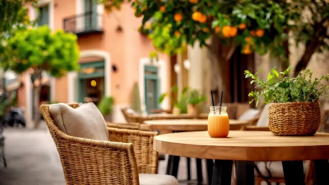 Spring Summer outdoor leisure relaxation activity. A vivid outdoor scene depicts a cozy cafe or restaurant. A wooden table with a glass of orange juice and two black straws sits in the foreground.