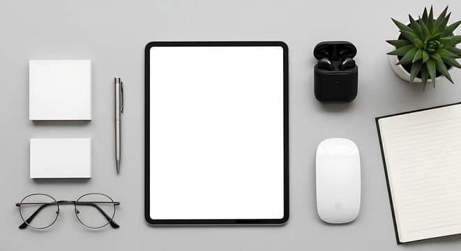 Top view flat lay of tablet with blank screen surrounded by office accessories, organized layout and bright studio lighting, modern workspace mockup concept.