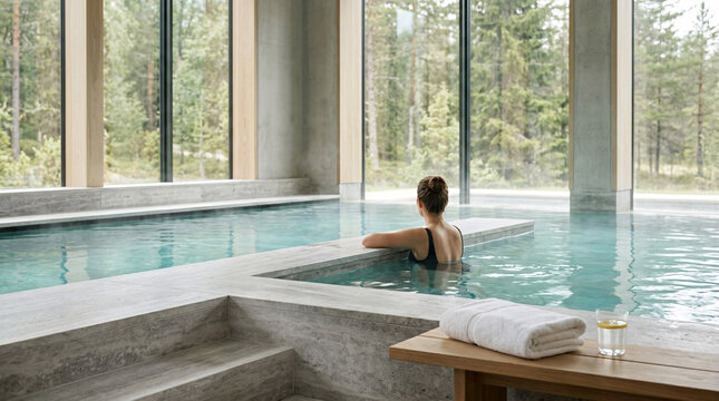 Piscine int&eacute;rieure avec vue sur la for&ecirc;t