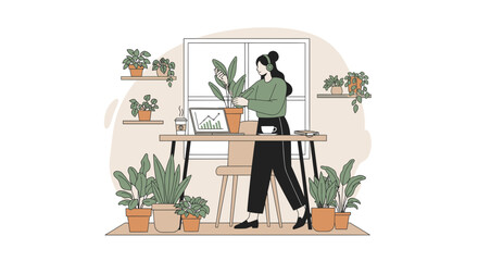 Fototapeta premium Woman tending to houseplants in a bright, modern home office with a laptop