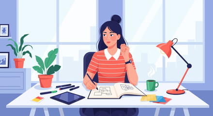 Obraz premium Young woman architect designing building plans at her desk in a bright modern office