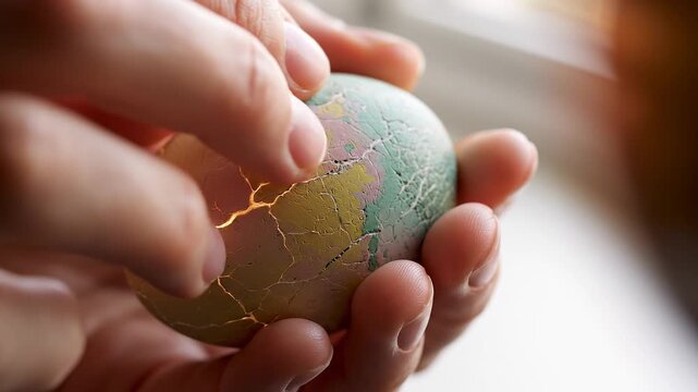 Hands carefully cracking an Easter egg painted with a crackled earth design, symbolizing renewal and new beginnings