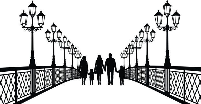 Silhouette of a family walking on a bridge with vintage street lamps for city travel, evening stroll, and togetherness concepts.
