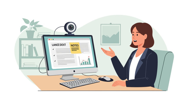 Woman working remotely, video call, online meeting, home office, computer, webcam, business goals