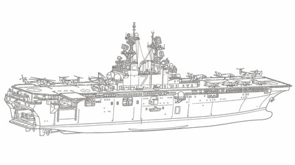 Fototapeta premium Detailed line drawing of a large modern naval aircraft carrier or amphibious assault ship with aircraft on deck.