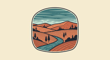 Vintage Landscape Illustration with Rolling Hills and River. © Wita