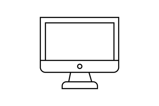 The image features a minimalist, black-and-white outline of an All-in-One (AiO) computer or a modern desktop monitor, similar in design to an Apple iMac.