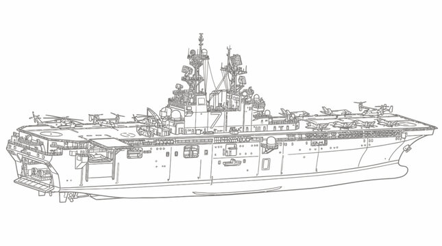 Detailed line drawing of a large modern naval aircraft carrier or amphibious assault ship with aircraft on deck.
