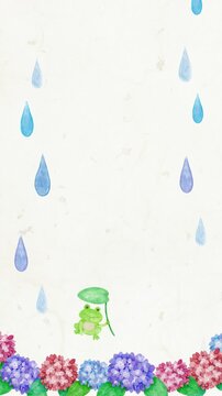 Watercolor Hydrangea Rain Loop Background Animation,4k,Copyspace,vertical-梅雨 水彩タッチの雨のカエルとアジサイ揺れる癒しループ動画 / デスクトップ・スマホ、背景素材動画、4k高画質、コピースペースあり、和紙テクスチャ たて　縦動画