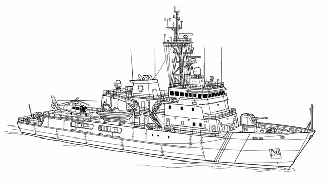 Detailed line drawing of a modern warship with a helicopter on its flight deck, showcasing its complex structure and equipment.