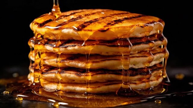 Stack of golden brown pancakes with dripping maple syrup on a dark background, suitable for breakfast menus, food advertisements, recipe blogs, and culinary promotions.