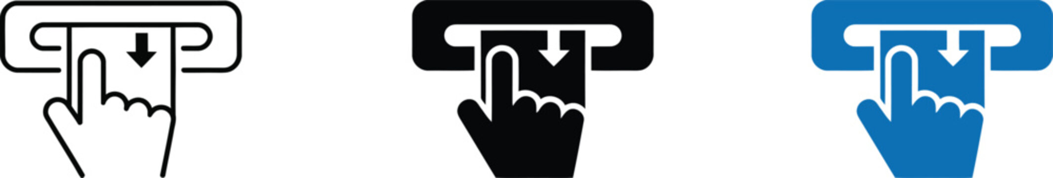 ATM bank card insertion process icon showing human hand using automated teller machine for payment