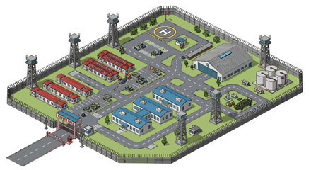 Obraz premium Military base isometric map vector illustration for strategic game design and simulation