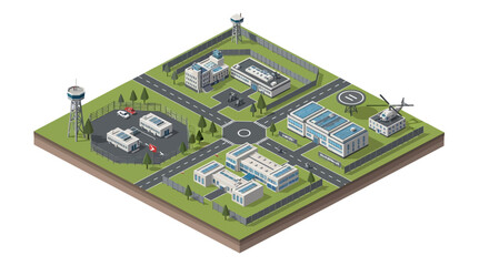 Obraz premium Military base isometric map vector illustration of security complex with buildings and helipad