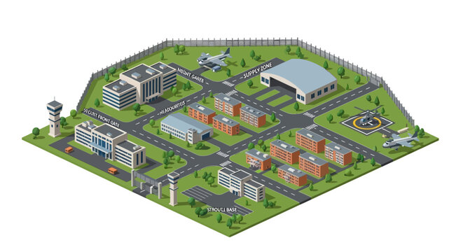 Military base isometric map vector illustration. Detailed graphic of an air force facility featuring operational buildings, airfield, control tower, barracks, and aircraft
