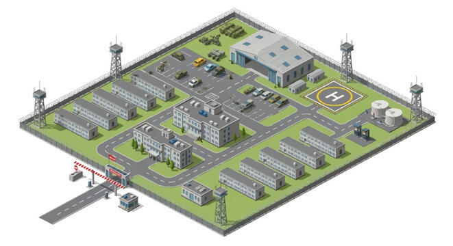 Isometric vector illustration of a military base map, showcasing strategic facilities and infrastructure for defense operations