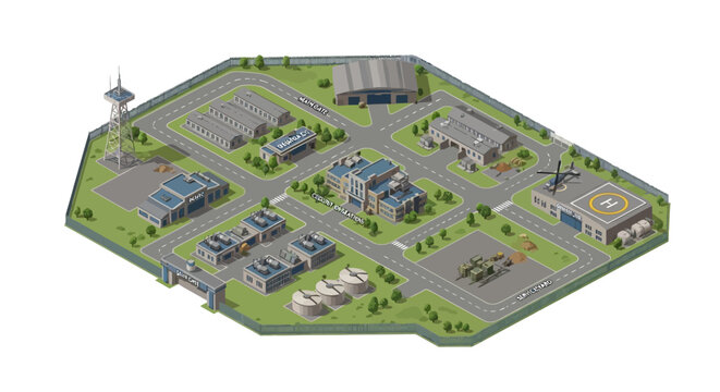 Detailed Military Base Isometric Map Vector Illustration A Comprehensive Aerial View of a Strategic Military Installation with Buildings, Airfield, and Security Infrastructure