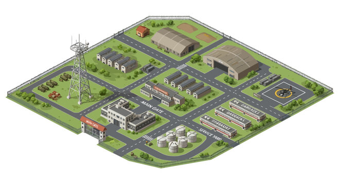 Military base isometric map vector illustration of a secure complex with barracks and hangars, representing strategic defense infrastructure for global security