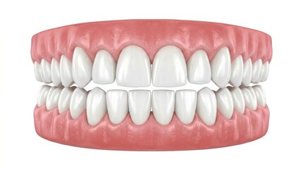 Obraz premium A perfect set of white, healthy human teeth and gums, presented in a clean, bright, and sterile studio environment.