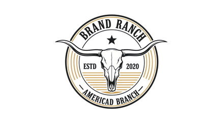 Obraz premium Vintage Western Bull Skull Logo with Brand Ranch Text and Star.