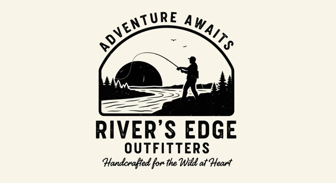 Vintage Rivers Edge Outfitters Logo with Fisherman and Adventure Awaits Slogan.