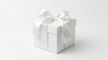 Obraz premium A simple white gift box tied with a satin ribbon bow, presented in a clean, minimalist studio setting with soft lighting and a bright white background.
