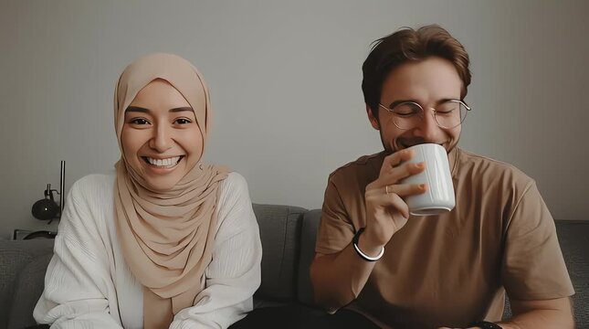 POV video call perspective, exactly two people: a young mother wearing hijab and a young father, sitting side by side, relaxed conversation