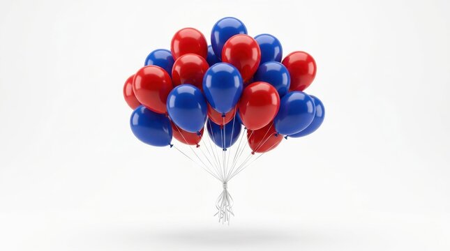 A vibrant cluster of red and blue balloons floating upwards against a clean white background, symbolizing celebration and joy.