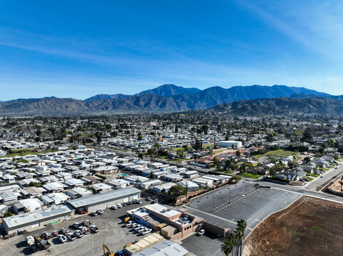 A View of Yucaipa, California from a UAV showing trailer parks and houses.
