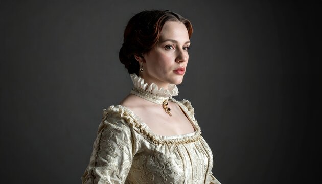 Elegant Woman in Historical Gown Posing Gracefully.