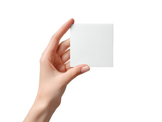 Fototapeta premium Hand holding a blank white card isolated on transparent background