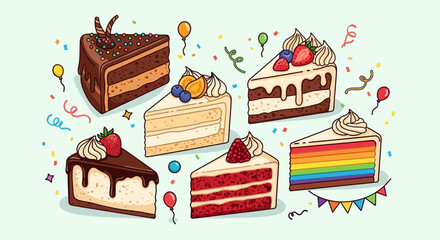 Assorted delicious cake slices illustration for celebrations. © Sayang