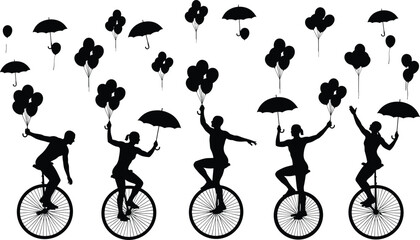 Black silhouette illustration of five figures riding unicycles with balloons and umbrellas, creating a surreal whimsical scene perfect for circus, fantasy, and creative design projects © MdMamunur