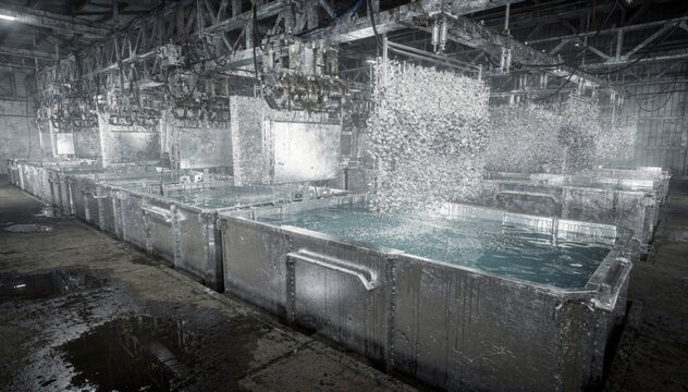 Industrial view of silver electrolytic refining tanks capturing rugged metal framework and bubbling electrolytes as anodes dissolve and cathodes grow pure silver deposits.