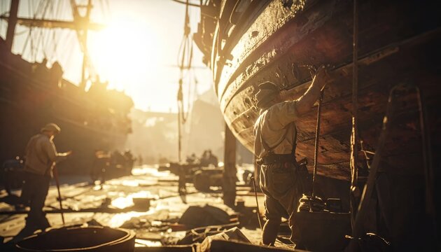 Shipyard Workers Repairing a Large Wooden Vessel at Sunset, Industrial Maritime Scene.