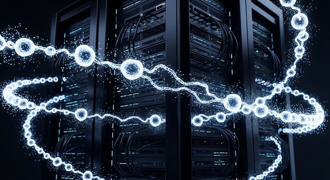 Abstract representation of data flow and network connections swirling around dark server racks in a modern data center environment.