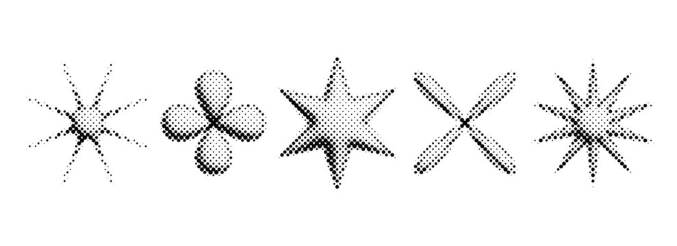 Halftone bitmap shapes set. Pixelated comic stars and flowers for poster, banner, flyer, collage, sticker. 3d dotted grain object collection. Pixel grunge element bundle. Vector graphic design pack